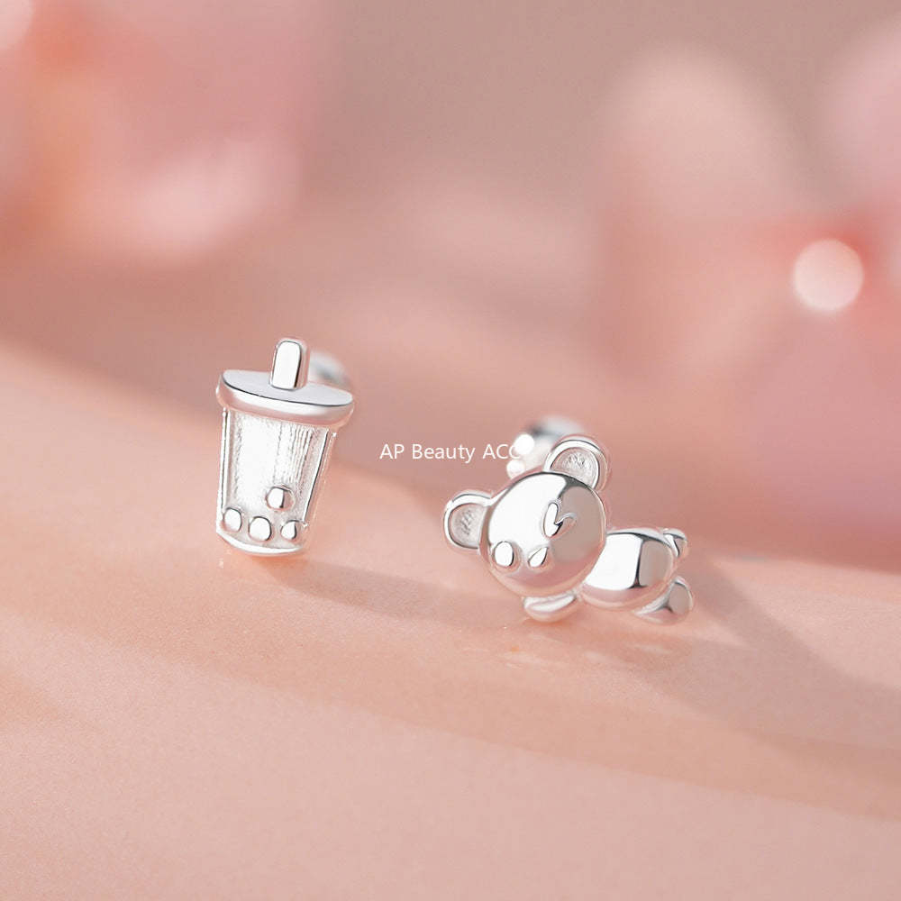 B관 - 999 실버 곰 밀크티 모양 피어싱 귀걸이 [YC9310E_1] 25.11-4