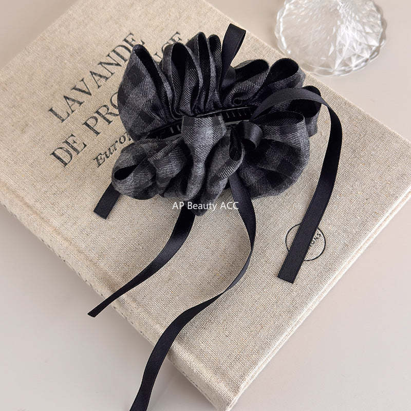 E관 - 그레이 체크 기모 리본 스트랩 집게핀 [27723] 25.11-4