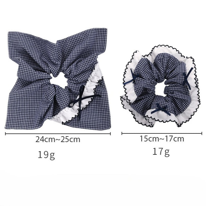 E관 - 블루 체크 패브릭 레이스 리본 곱창 헤어밴드 [26462] 25.10-2
