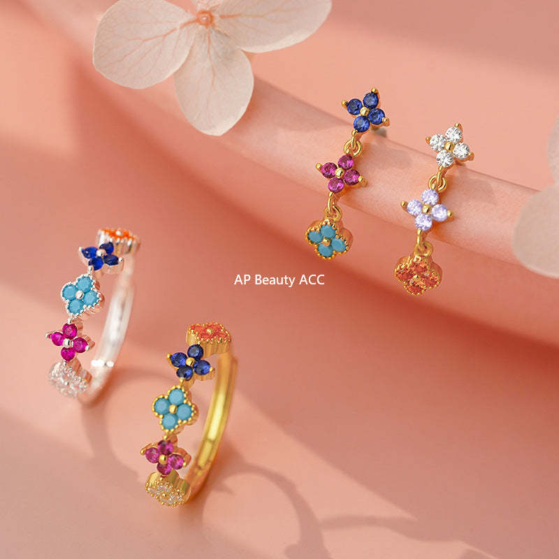 B관 - 925 실버 컬러 클로버 플라워 반지 귀걸이 [YC3164R_1 YC6343E_1] 25.11-2