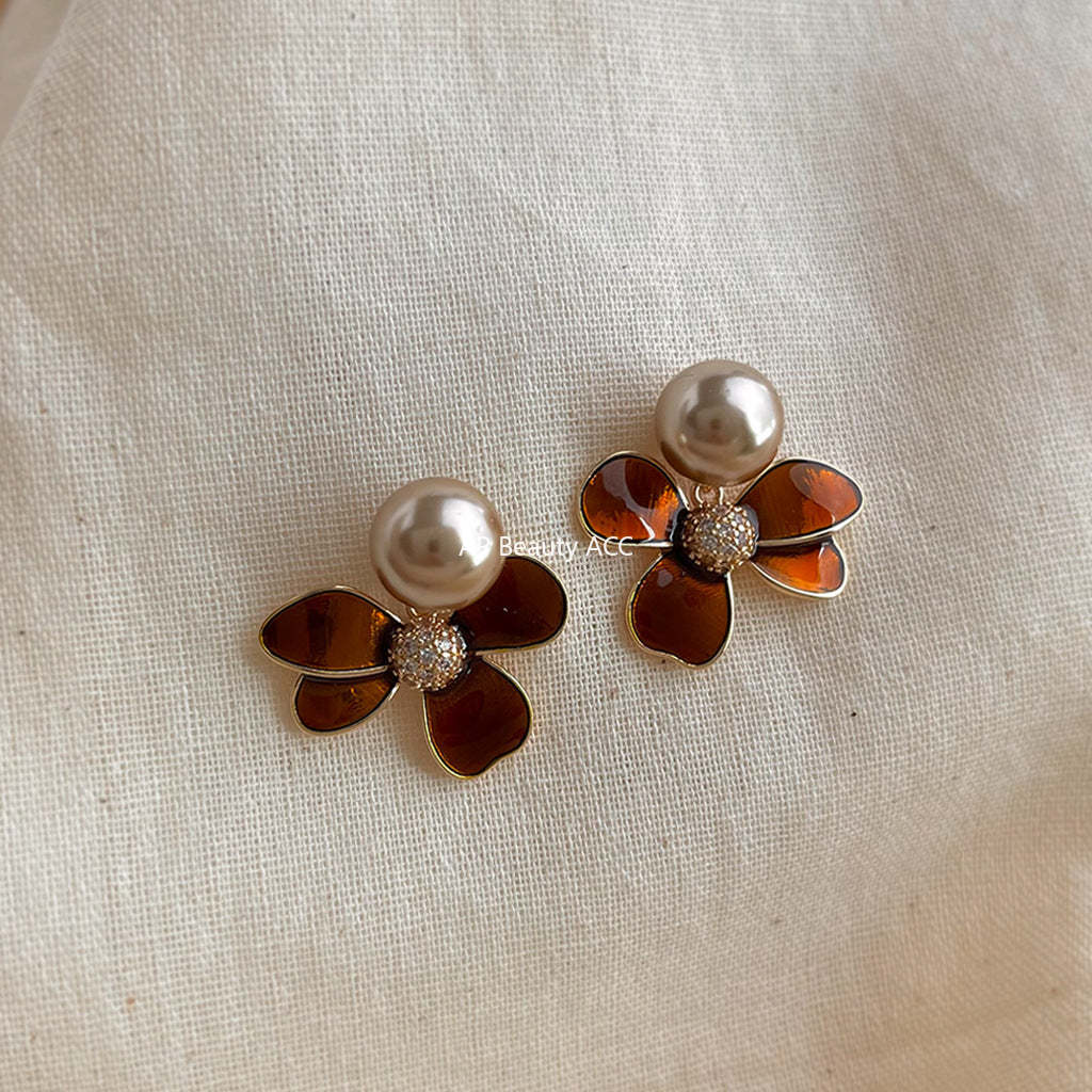 C관 - 핸드페인팅 플라워 디자인 진주 925 은침 귀걸이 [7105] 25.11-3