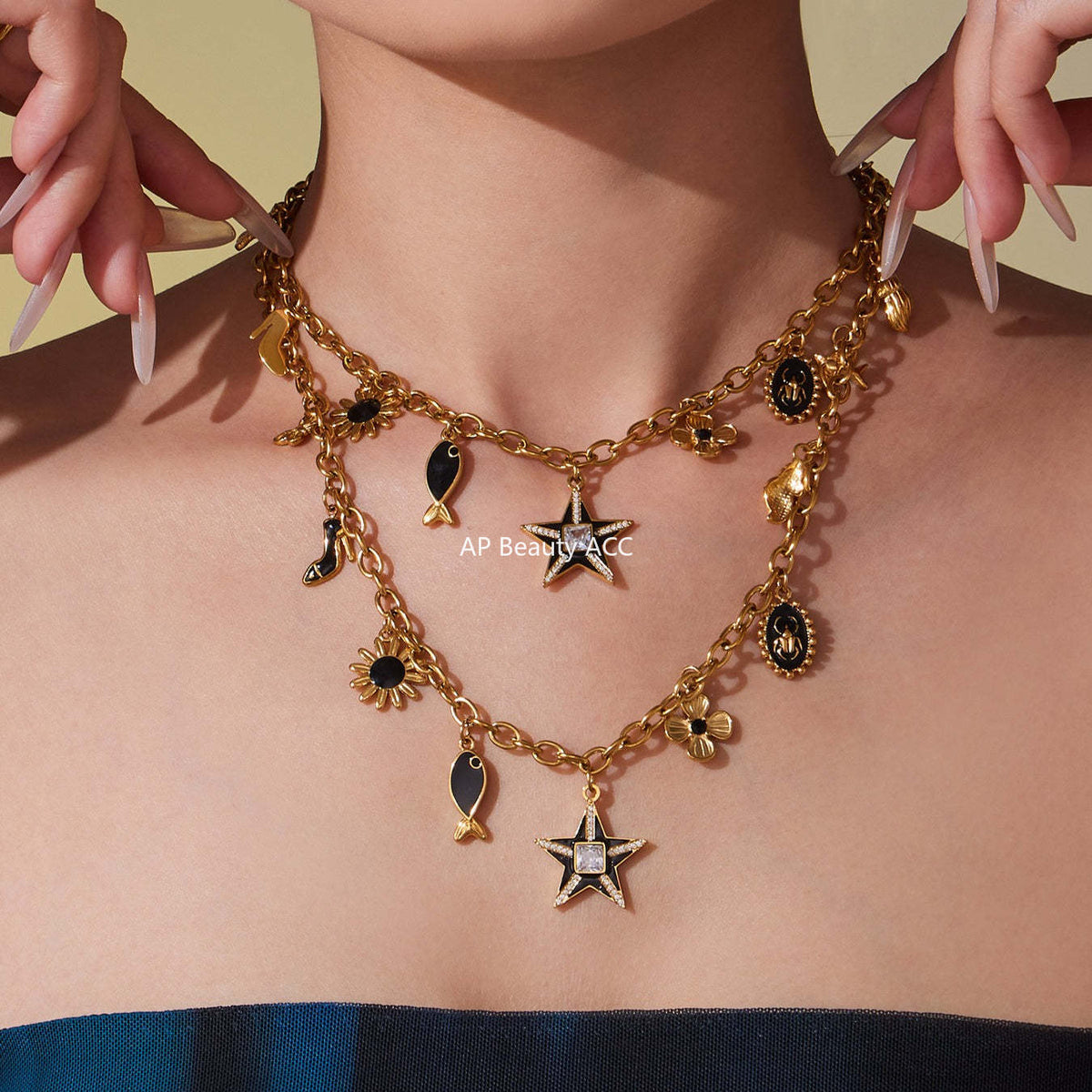 D관 - 18K 도금 스테인리스 스틸 큐빅 별 멀티 펜던트 목걸이 [P081] 25.10-2