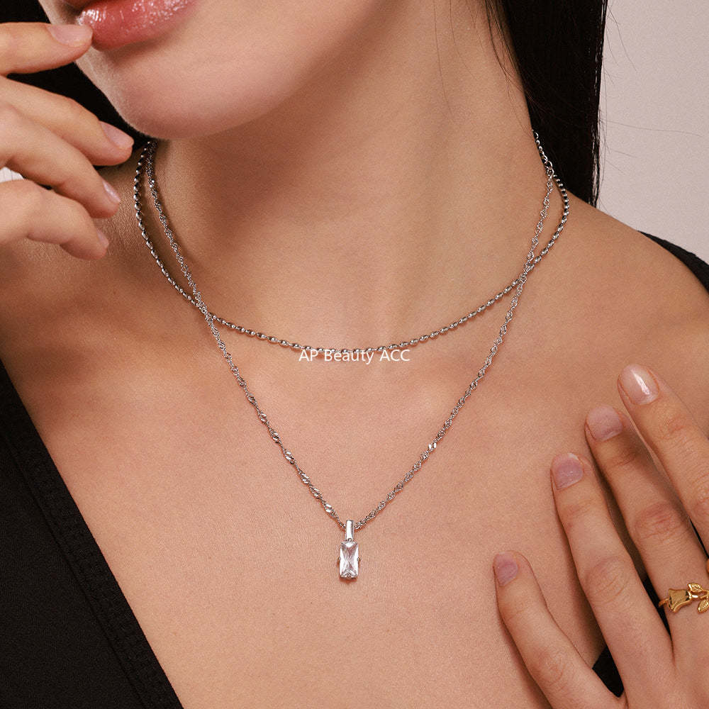 D관 - 18K PVD 도금 직사각 큐빅 레이어드 스테인리스 스틸 목걸이 [P516-P518] 25.03-2