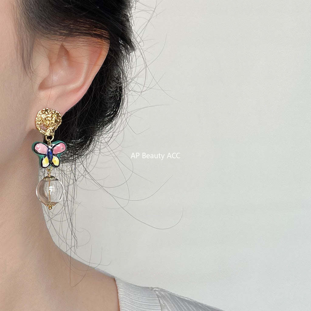 C관 - 원조 디자인 예술적인 불규칙 유리 기포 세라믹 나비 14K 도금 귀걸이 [3832] 24.04-4