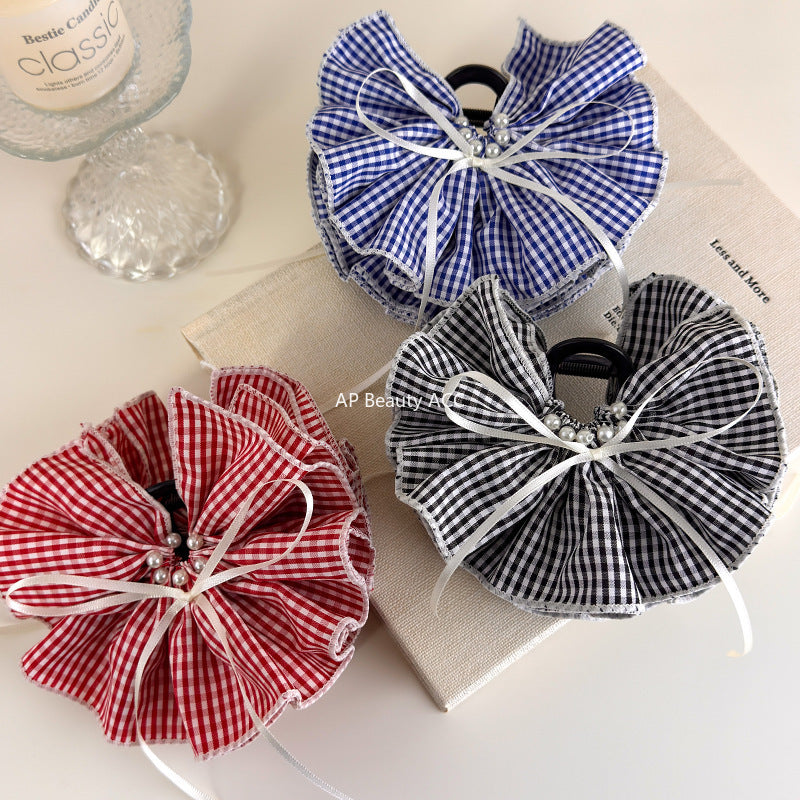 E관 - 체크 러플형 리본 대형 빈티지 집게핀 [27527] 25.10-1