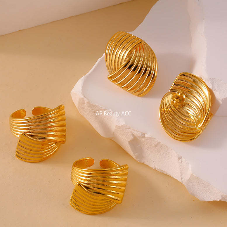 D관 - 티타늄 스틸 18K 도금 텍스처 라인 디자인 미니멀 귀걸이 반지 [F045-A045] 24.05-4