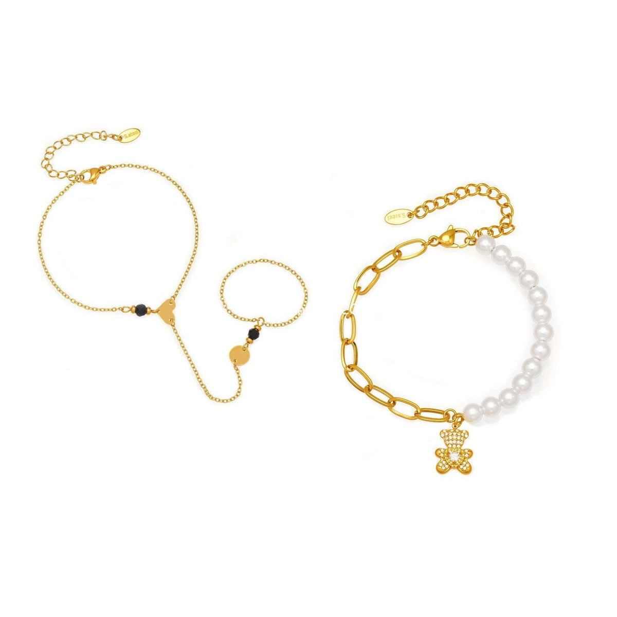 D관 - 스테인리스 스틸 18K 도금 큐빅 곰 펜던트 진주 팔찌 [E153-E162] 25.12-3