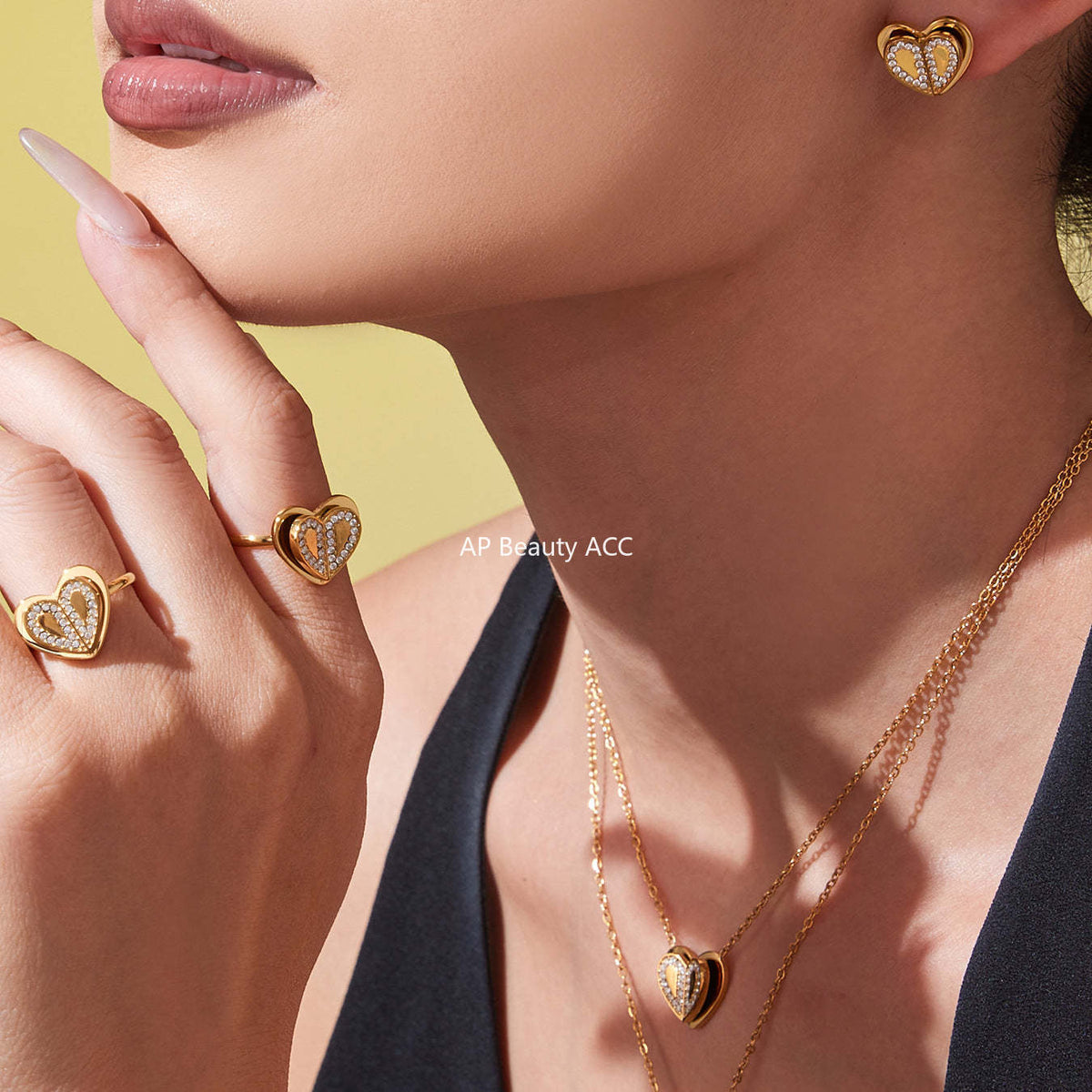 D관 - 18K 도금 스테인리스 스틸 큐빅 더블 하트 반지 귀걸이 목걸이 [TXP446] 25.10-4