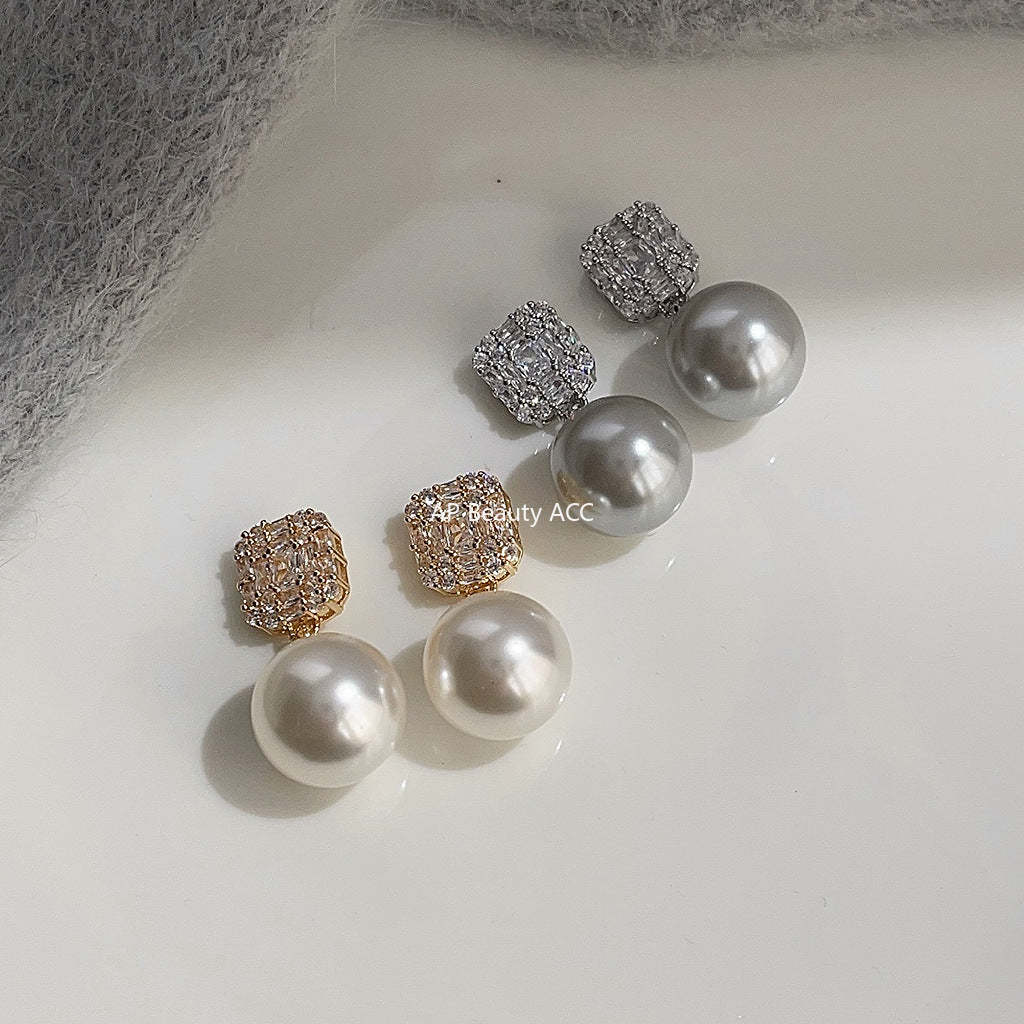 C관 - 고급스러운 미니 큐빅 글라스 진주 은침 귀걸이 [3721-3722] 24.04-2