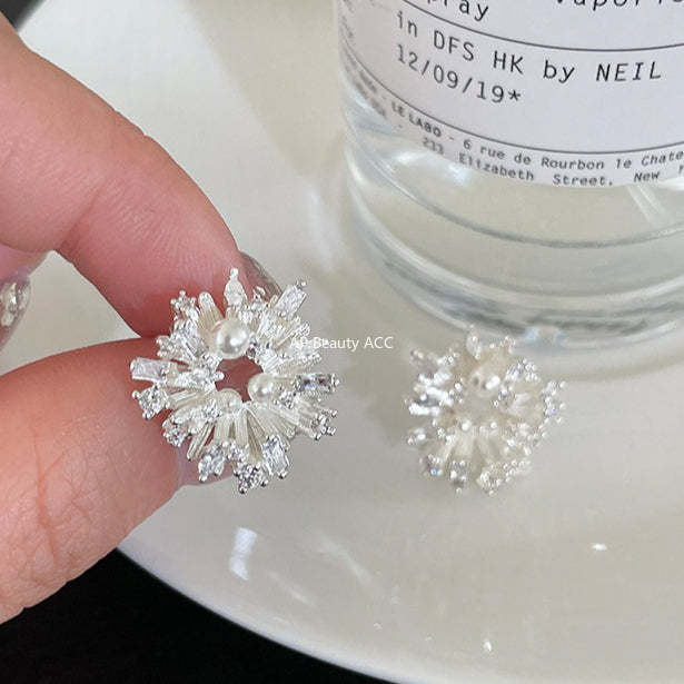 A관 - 눈꽃 플라워 모양 큐빅 진주 귀걸이 [EH-4048] 25.12-1