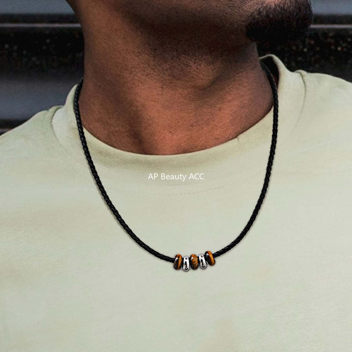 G관 - 스테인리스 스틸 호안석 블랙 가죽끈 비즈 목걸이 [NC-2405] 25.10-5