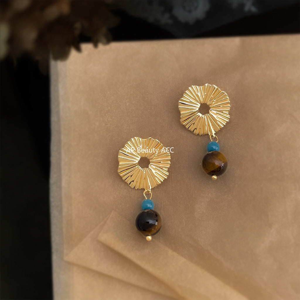 C관 - 핸드메이드 925 은침 천연 호안석 골드 원형 귀걸이 [6873] 25.10-1