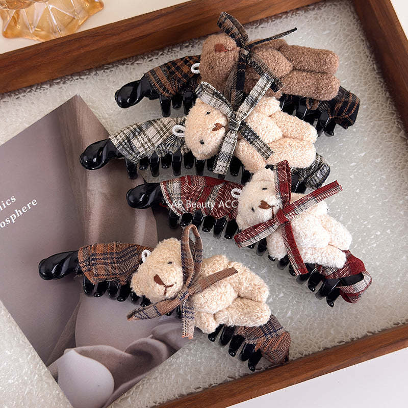 E관 - 체크 패브릭 리본 곰돌이 대형 집게핀 [27722] 25.11-4