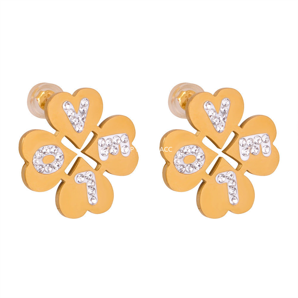D관 - 티타늄 스틸 네잎클로버 큐빅 LOVE 레터링 귀걸이 [F394] 25.10-1