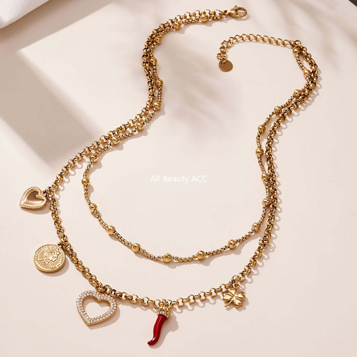 D관 - 더블 레이어 하트 큐빅 멀티 펜던트 스테인리스 목걸이 [P170] 25.11-3