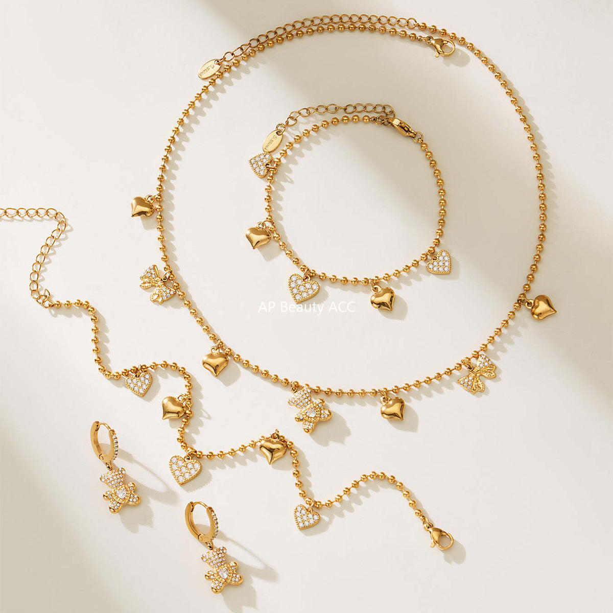 D관 - 스테인리스 스틸 곰 리본 하트 풀큐빅 펜던트 목걸이 팔찌 귀걸이 [TXP500] 25.11-4