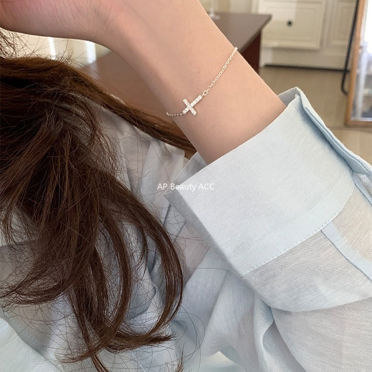 A관 - 925 실버 하트 십자가 디자인 큐빅 팔찌 [SL-487] 25.11-1