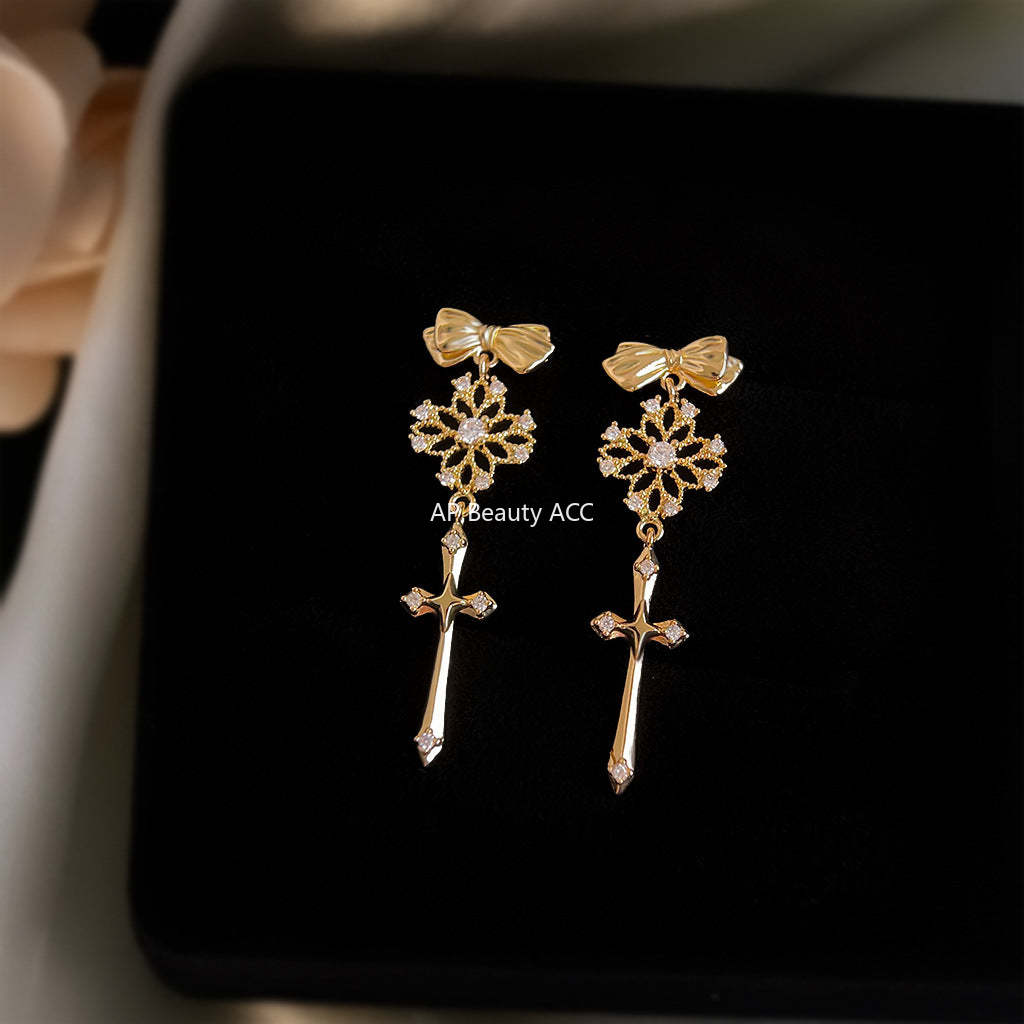 C관 - 925 은침 14K 도금 레이스 십자가 리본 귀걸이 [6828] 25.09-4