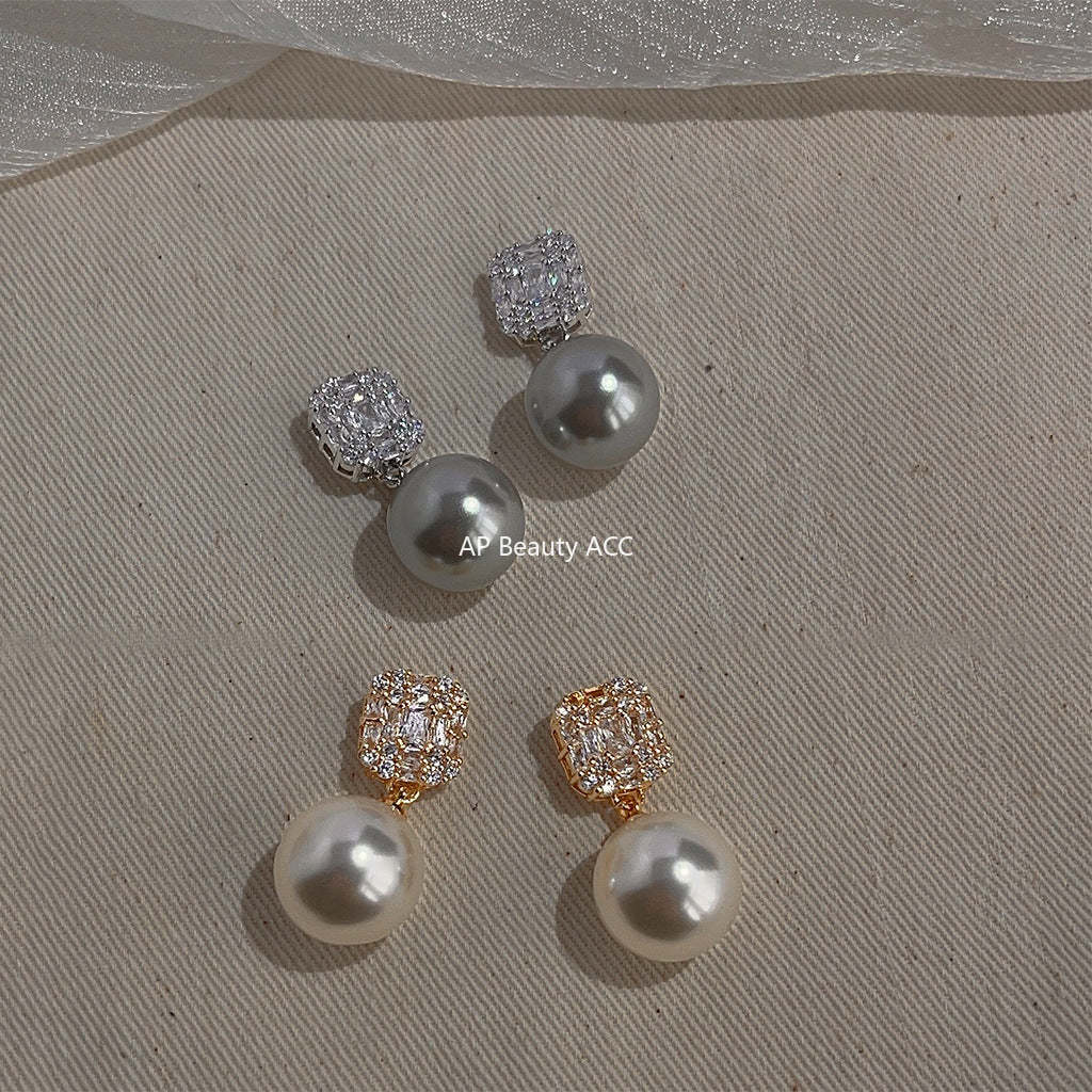 C관 - 고급스러운 미니 큐빅 글라스 진주 은침 귀걸이 [3721-3722] 24.04-2