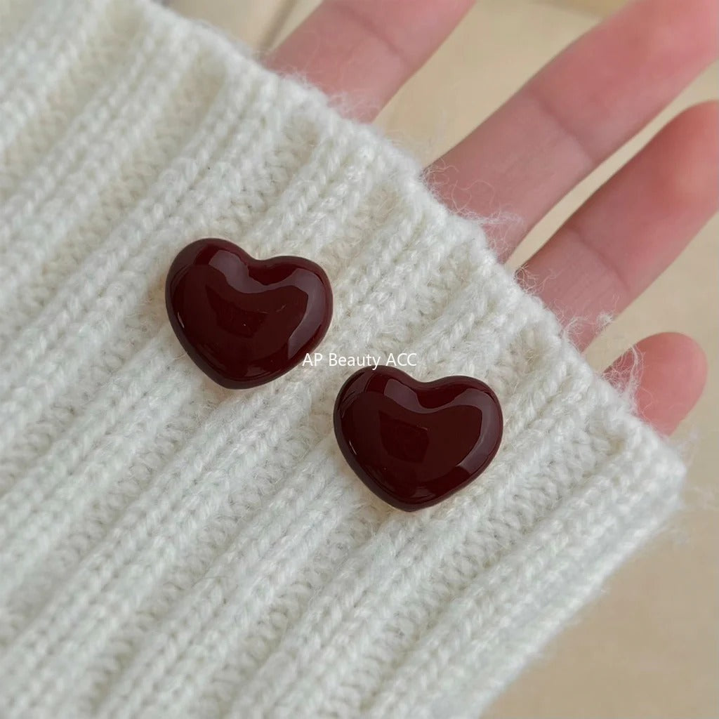 C관 - 핸드페인팅 와인 레드 하트 925 은침 귀걸이 [7254] 25.12-3