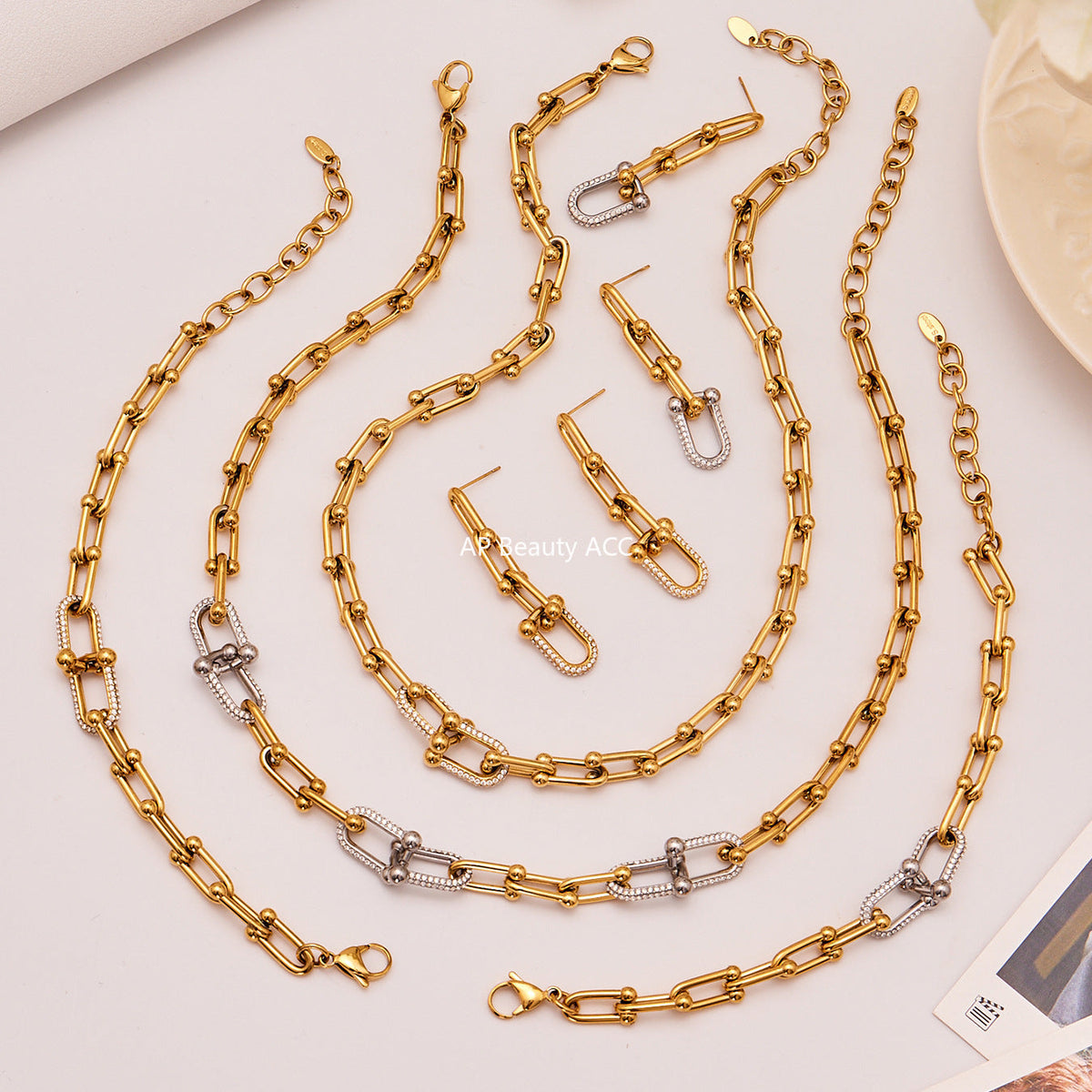 D관 - 스테인리스 스틸 18K 도금 말굽 버클 큐빅 목걸이 팔찌 귀걸이 [TXP434-TXE434-TXF434] 25.10-3