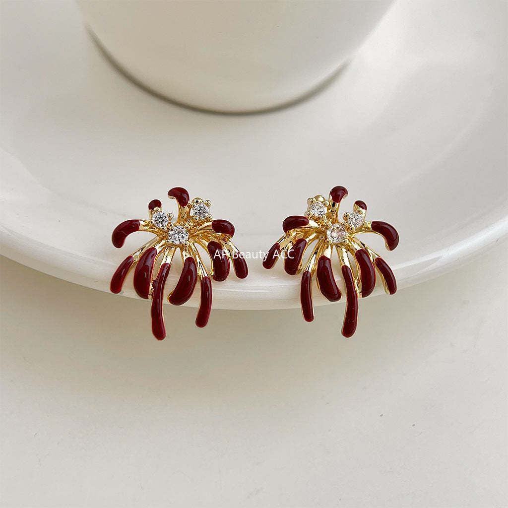 C관 - 925 은침 레드 폭죽 모양 큐빅 귀걸이 [7248] 25.12-3