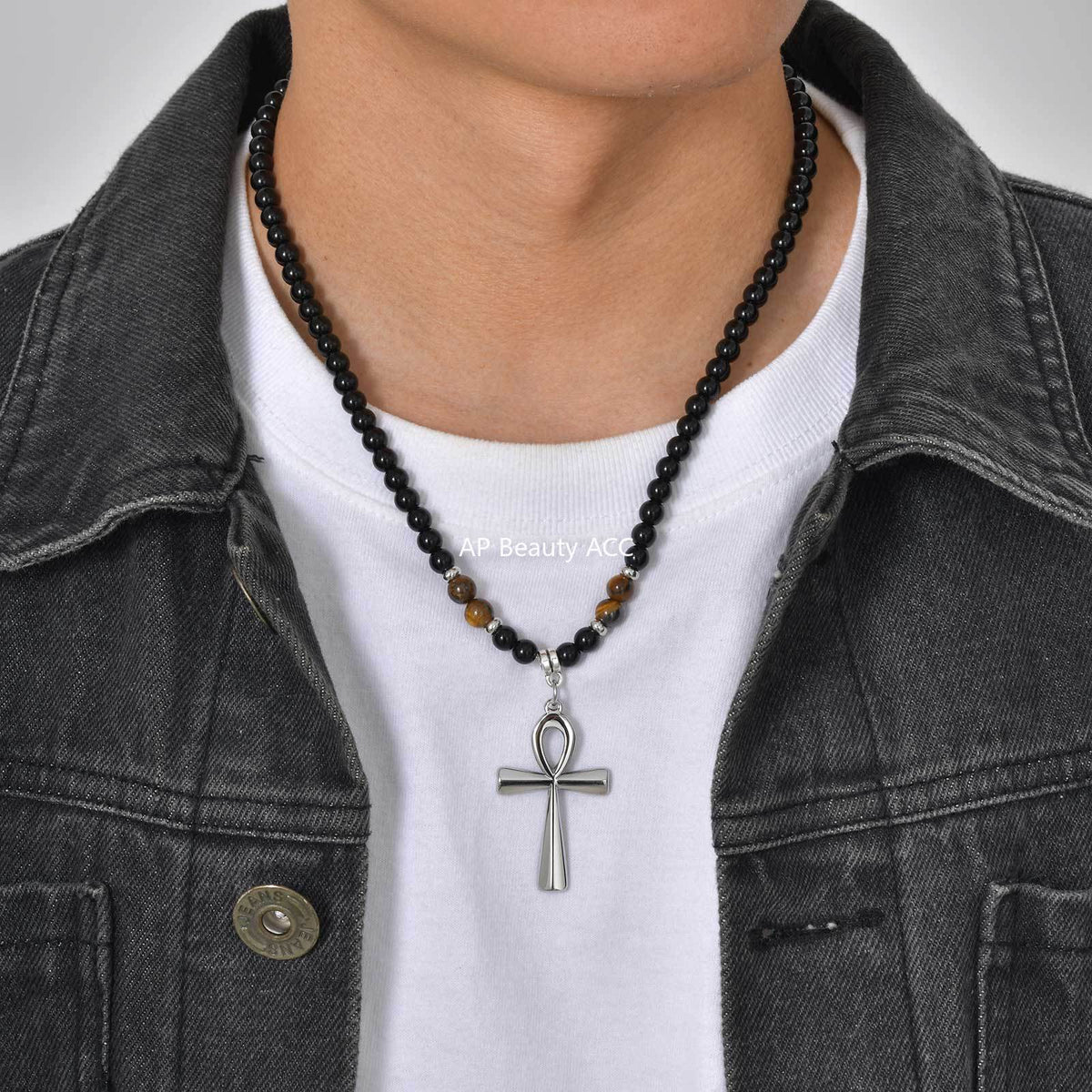 G관 - 스테인리스 스틸 십자가 펜던트 아크릴 호안석 비즈 목걸이 [NC-1700] 25.12-2