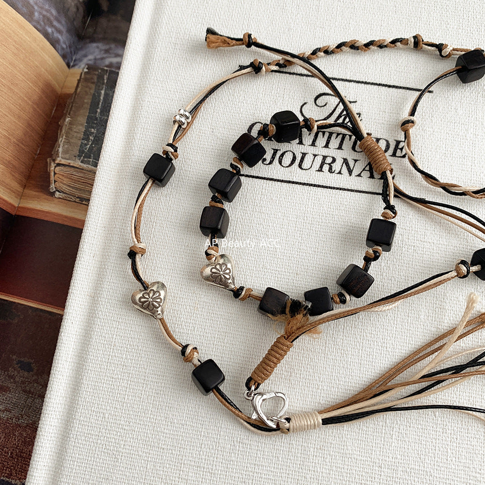 A관 - 925 실버 핸드메이드 흑단 하트 플라워 매듭 팔찌 목걸이 [1401] 25.10-2