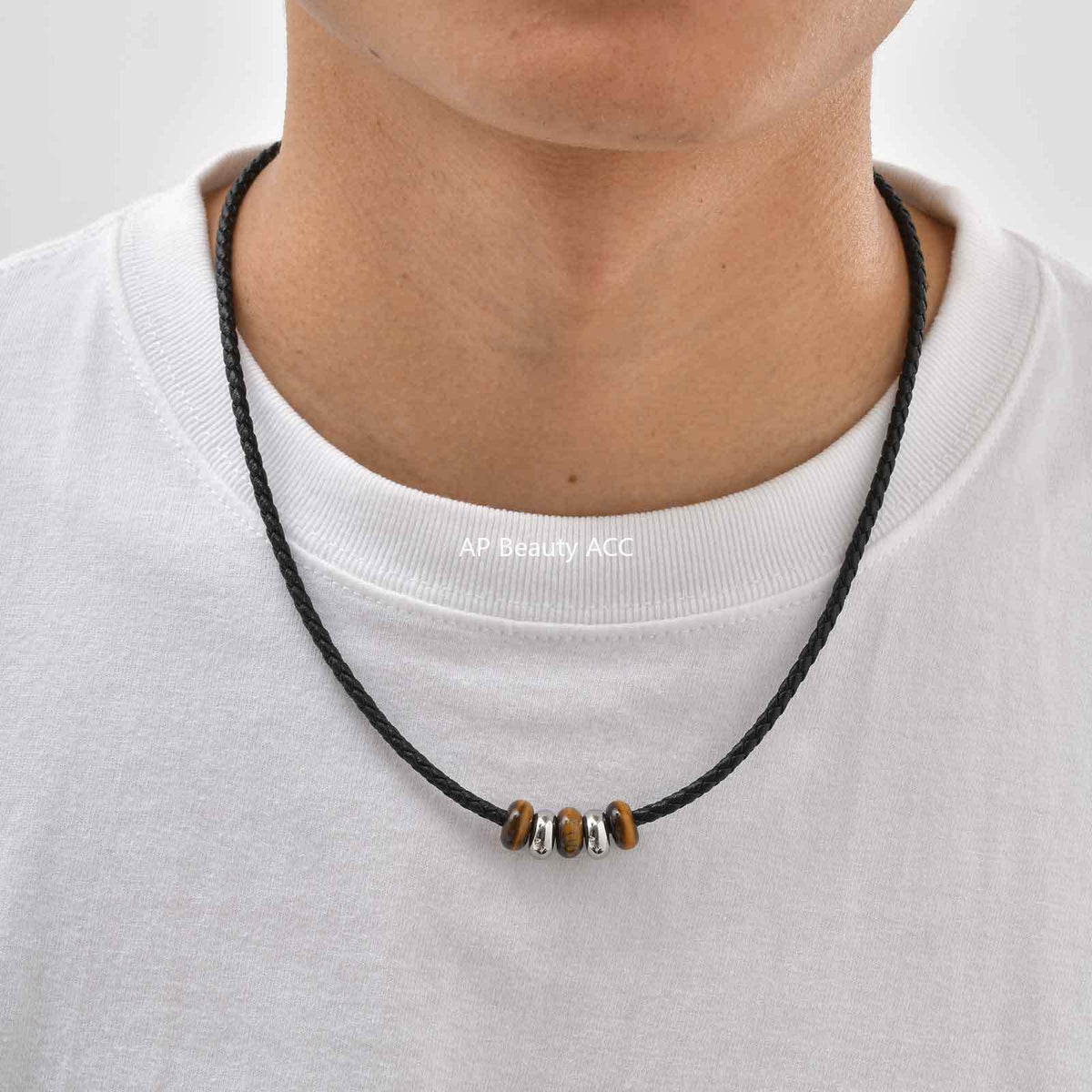 G관 - 스테인리스 스틸 호안석 블랙 가죽끈 비즈 목걸이 [NC-2405] 25.10-5