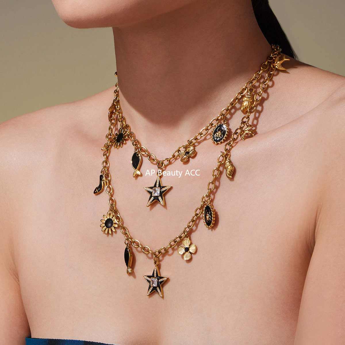 D관 - 18K 도금 스테인리스 스틸 큐빅 별 멀티 펜던트 목걸이 [P081] 25.10-2