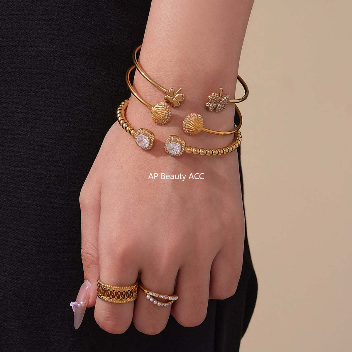 D관 - 스테인리스 18K 도금 큐빅 스틸볼 클로버 오픈형 팔찌 [Z503-Z504-Z505] 25.10-5