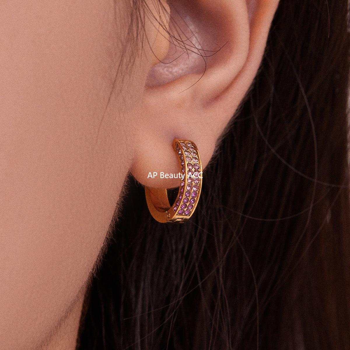 D관 - 스테인리스 컬러 큐빅 18K 도금 후프 링 귀걸이 [F930] 25.11-2