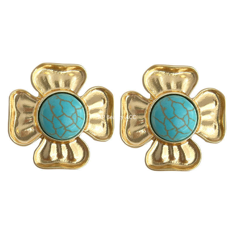 C관 - 프렌치 스타일 합성 터키석 무광 14K 도금 은침 귀걸이 [4311] 24.06-4