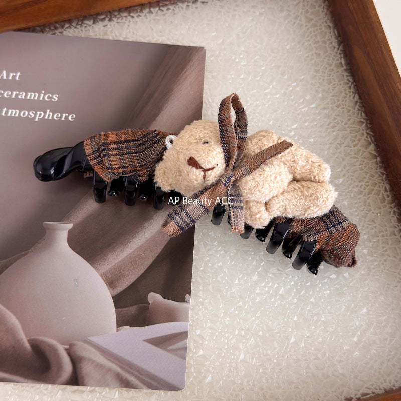 E관 - 체크 패브릭 리본 곰돌이 대형 집게핀 [27722] 25.11-4