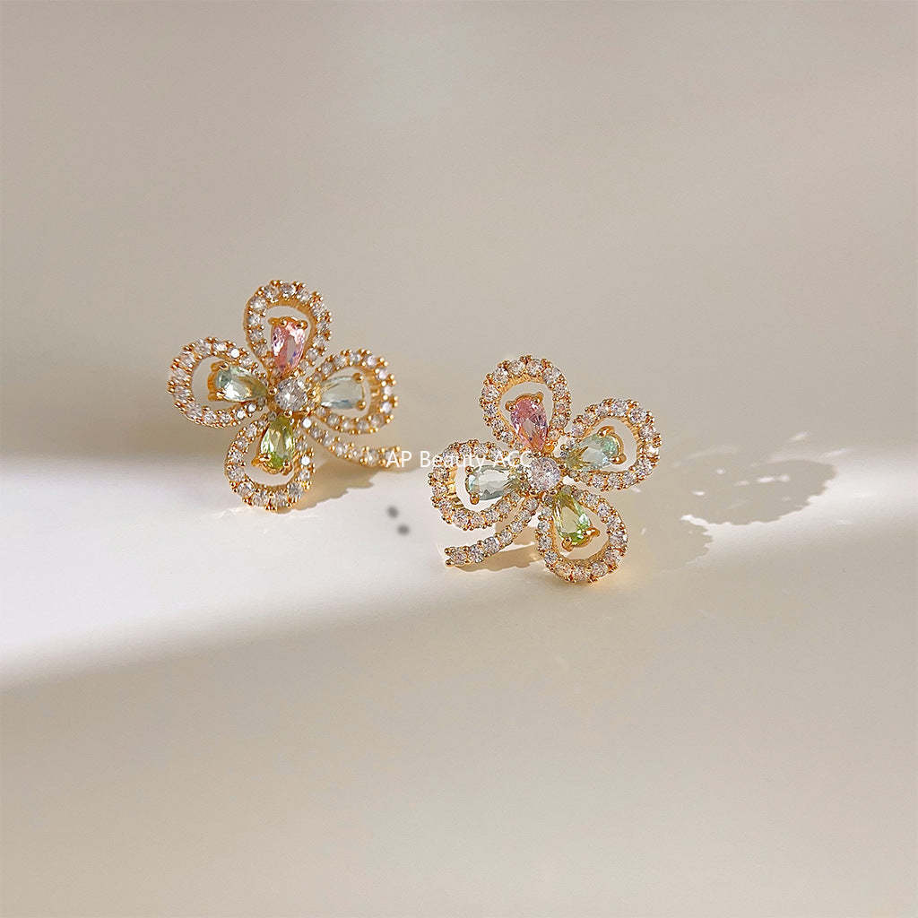 C관 - 업그레이드 18K 도금 고급스러운 미니 큐빅 컬러 꽃 귀걸이 [3711] 24.04-2