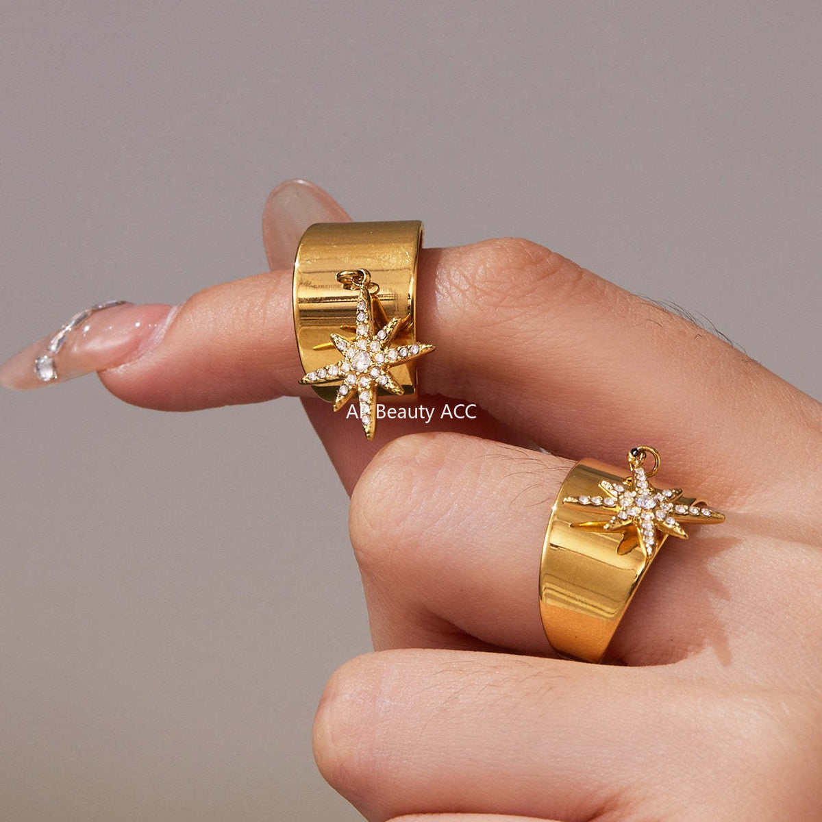 D관 - 스테인리스 스틸 와이드 별 큐빅 18K 골드 도금 오픈형 반지 [A074] 25.09-4