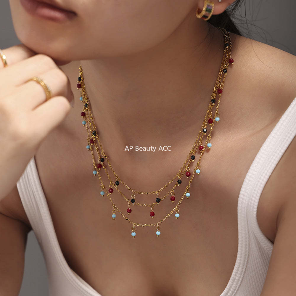 D관 - 핸드메이드 천연석 작은 비즈 초슬림 18K 도금 변색 방지 더블 레이어 목걸이 [P2087-P1694] 24.11-1