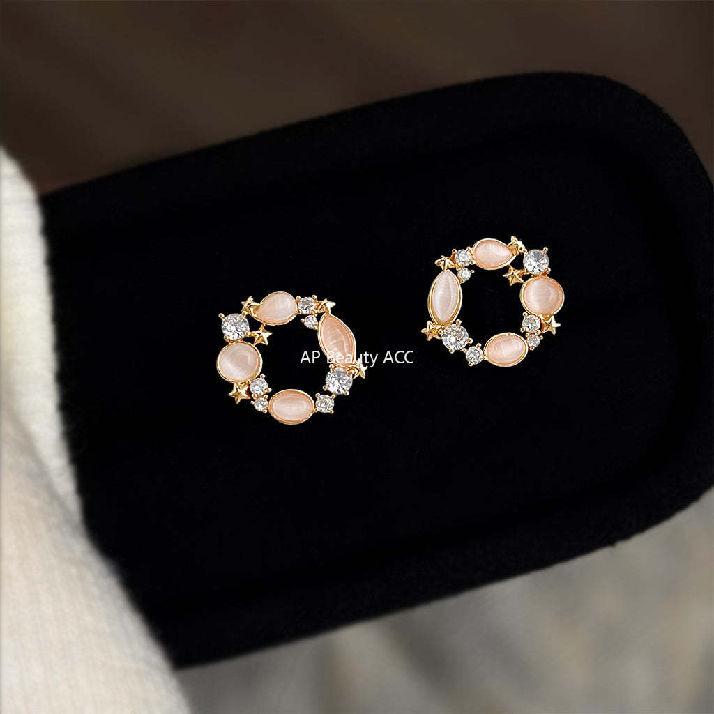 C관 - 925 은침 14K 도금 묘안석 큐빅 원형 귀걸이 [6958] 25.10-4