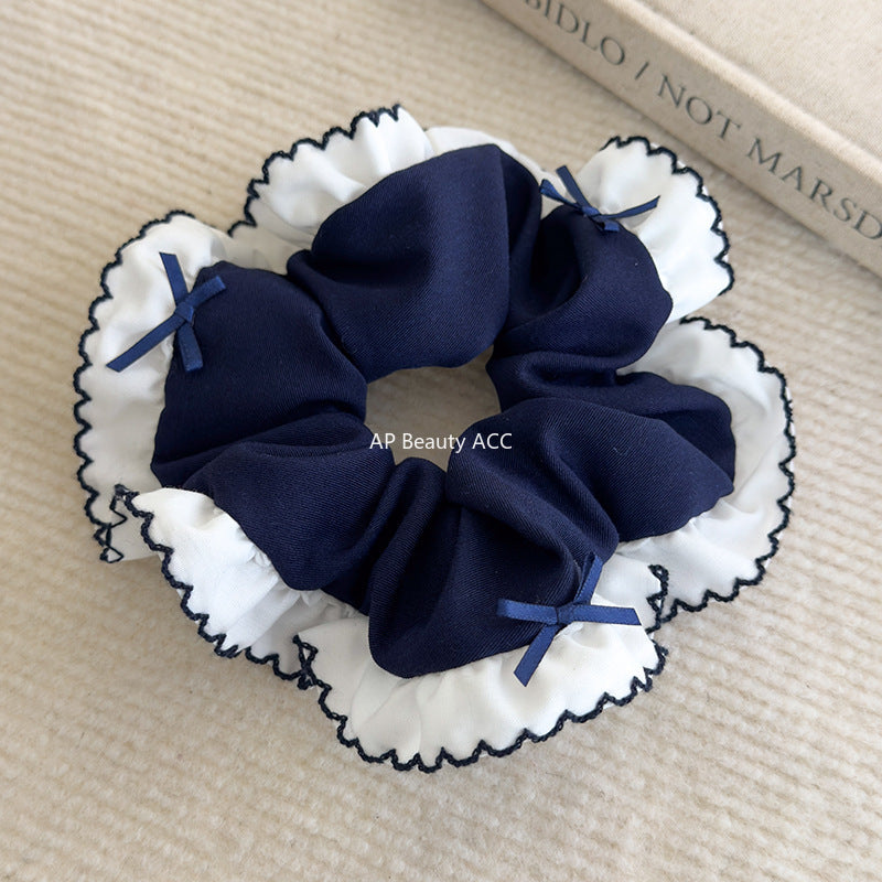 E관 - 블루 체크 패브릭 레이스 리본 곱창 헤어밴드 [26462] 25.10-2