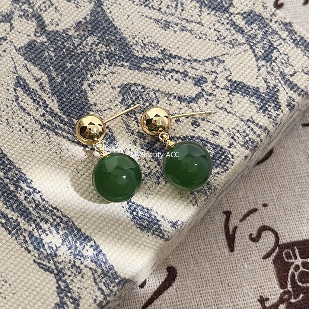 C관 - 업그레이드 14K 도금 자연석 그린 마노 고급스러운 원형 귀걸이 [3898] 24.04-4