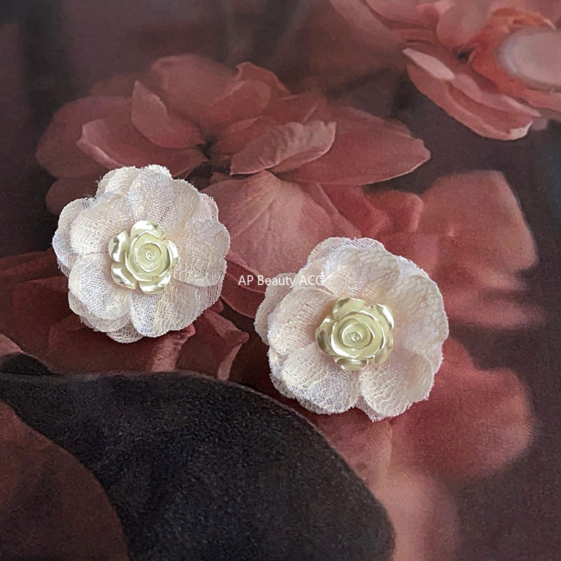 C관 - 화이트 망사 꽃 은침 14K 도금 우아한 귀걸이 [4404] 24.07-1