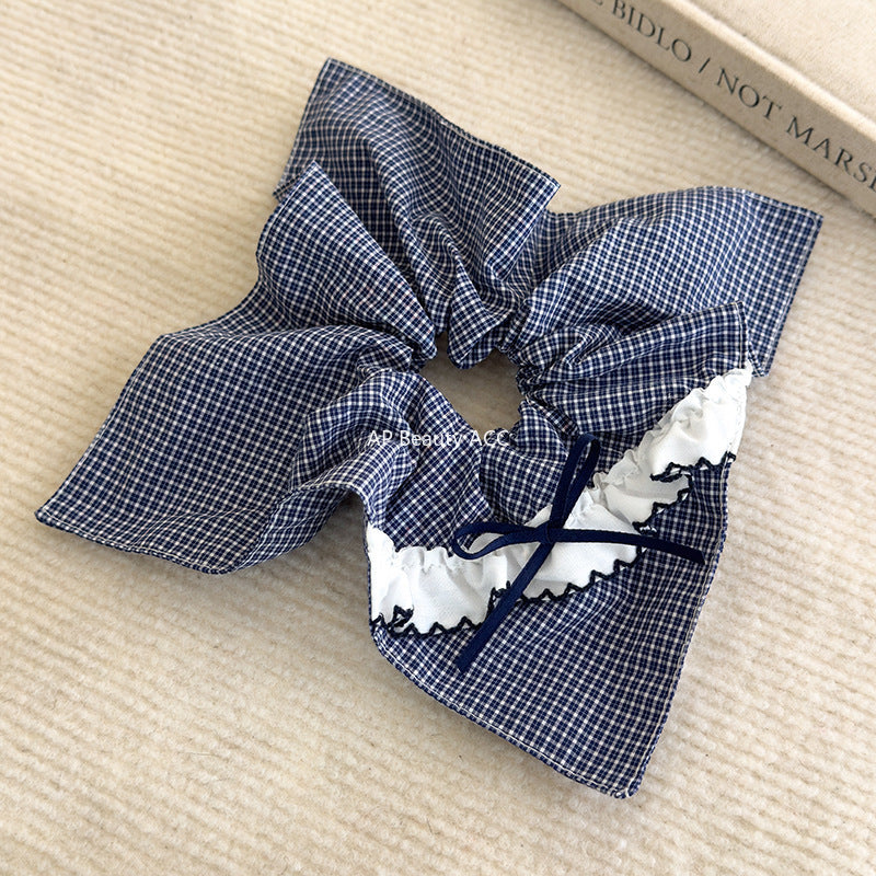 E관 - 블루 체크 패브릭 레이스 리본 곱창 헤어밴드 [26462] 25.10-2