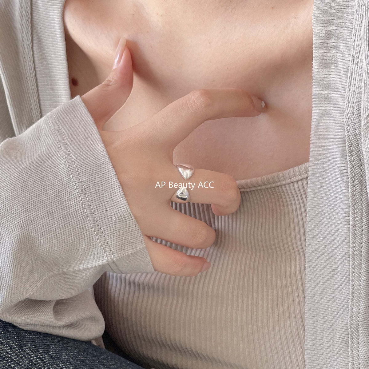 F관 - 925 실버 물방울 모양 대칭 오픈형 반지 [J1902] 25.12-2