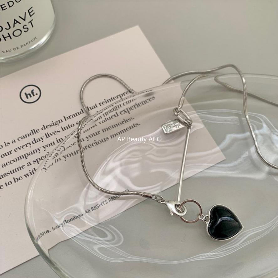 F관 - 925 실버 흑마노 하트 뱀줄 목걸이 [B1101] 25.09-4