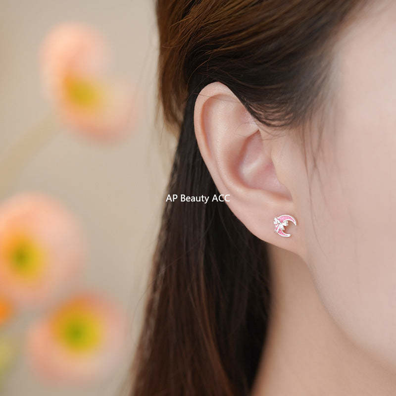 B관 - 999 실버 핑크 달 리본 피어싱 귀걸이 [YC6344E_1] 25.11-1