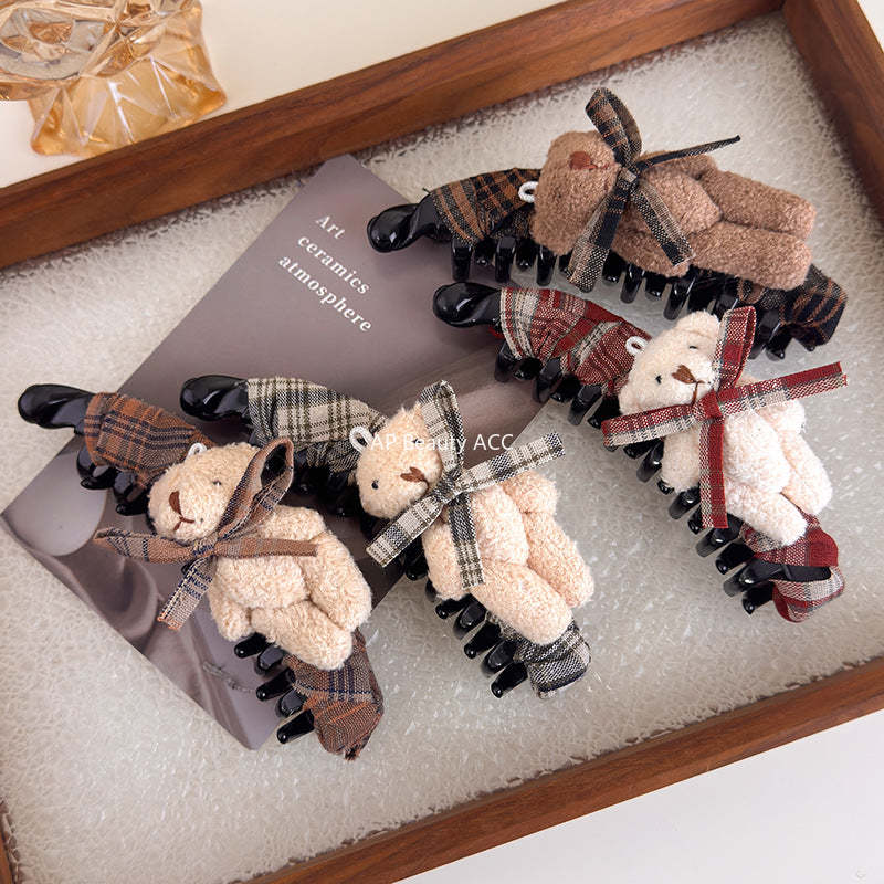 E관 - 체크 패브릭 리본 곰돌이 대형 집게핀 [27722] 25.11-4