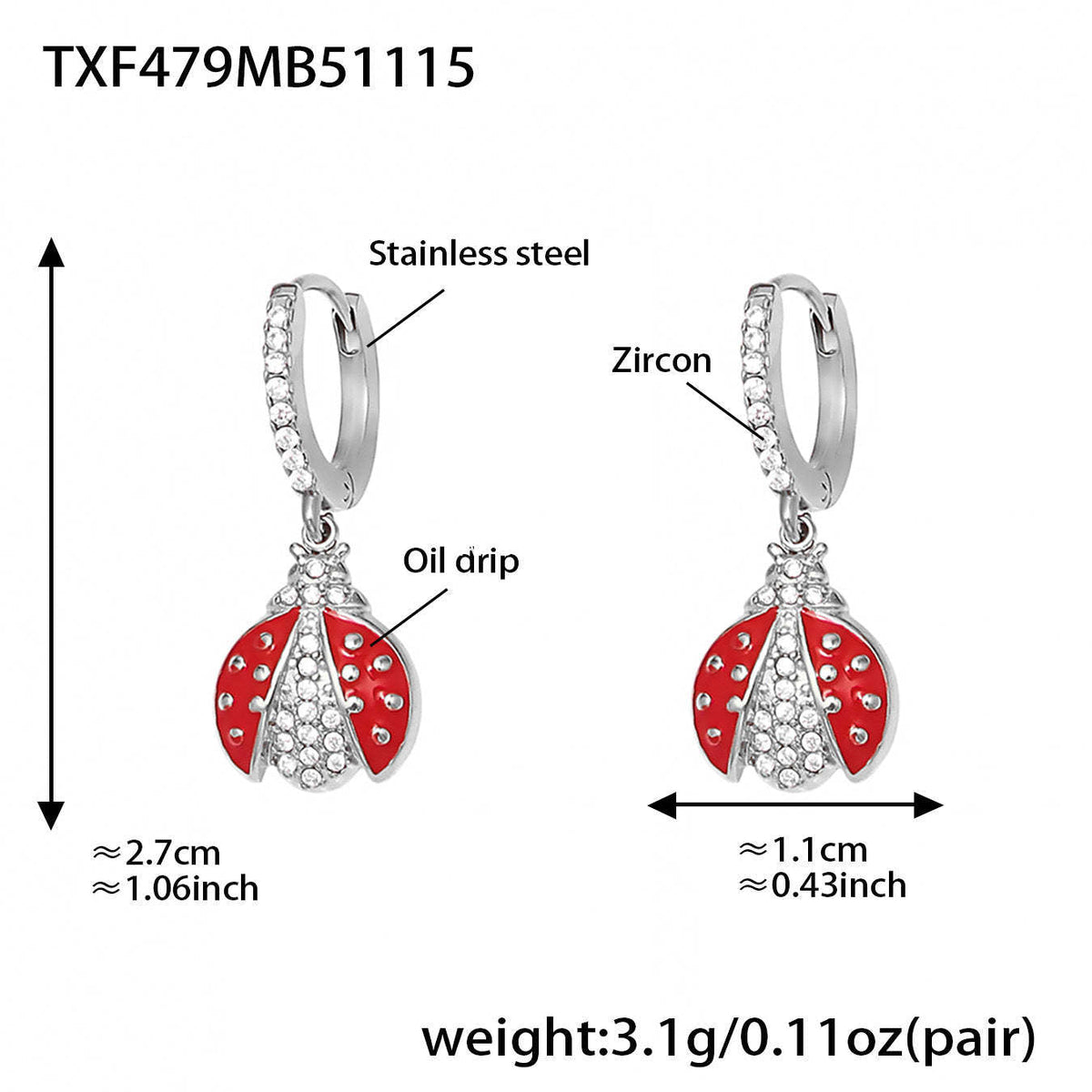 D관 - 스테인리스 스틸 무당벌레 큐빅 펜던트 목걸이 귀걸이 팔찌 발찌 [TXP479] 25.11-4
