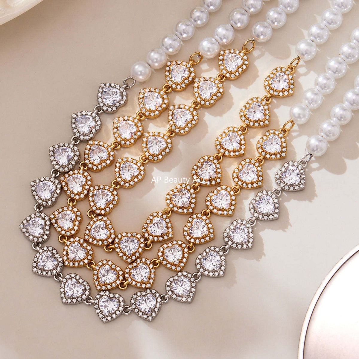 D관 - 18K 도금 스테인리스 스틸 핸드메이드 진주 하트 큐빅 목걸이 [P1735] 25.10-4