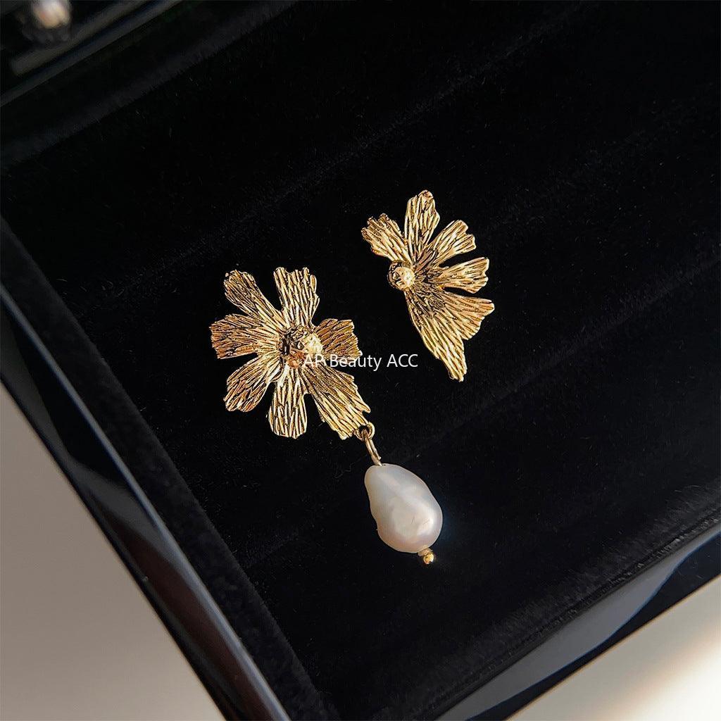 C관 - 14K 도금 프렌치 복고풍 비정형 담수 진주 꽃 은침 귀걸이 [3685] 24.03-4