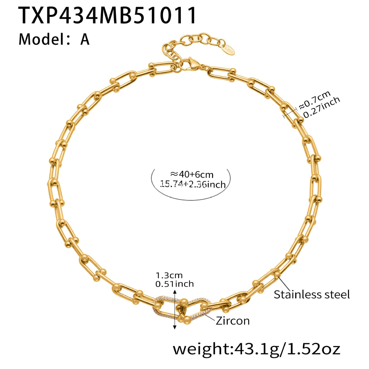D관 - 스테인리스 스틸 18K 도금 말굽 버클 큐빅 목걸이 팔찌 귀걸이 [TXP434-TXE434-TXF434] 25.10-3